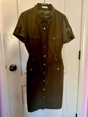 Calvin Klein Olive Utility Shirt Dress with Pocket Flaps